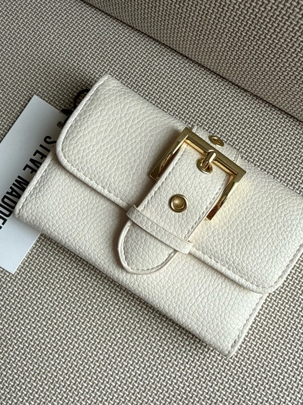 Steve Madden Cream Textured Leather Wallet with Gold Buckle